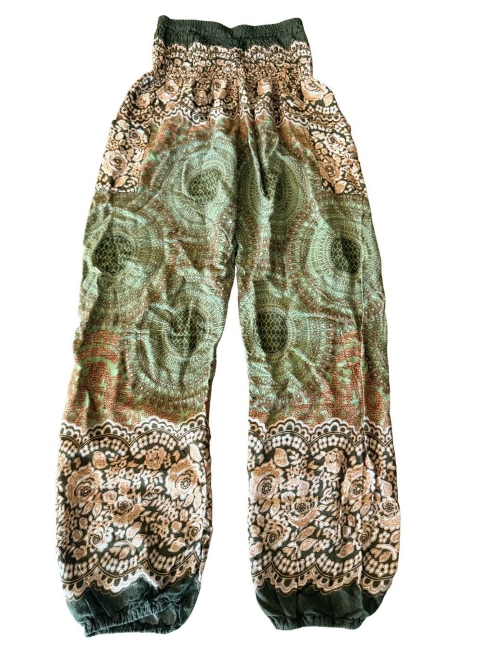 Boho Womens Harem Pants W/Mandala Floral Print MED Green/Brown 2 Side Pockets
